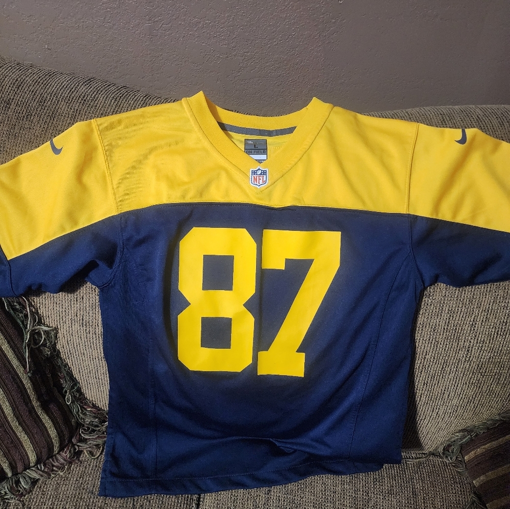 Youth Nike Nelson Throwback Greenbay Packer Yellow and Blue Sports Jersey Sz.Lg